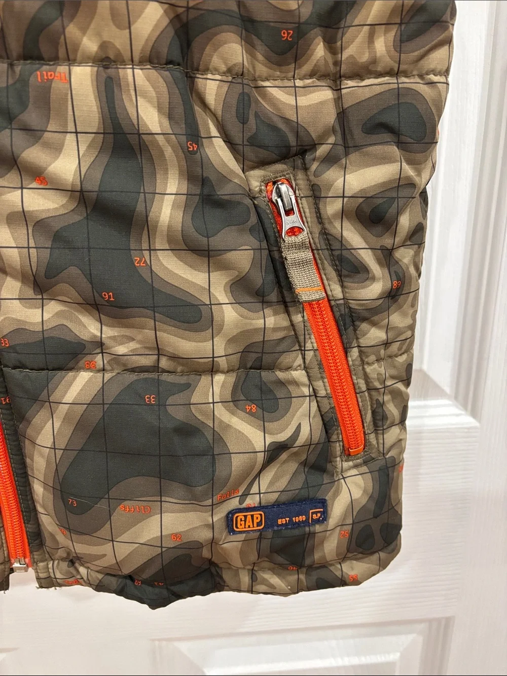 GAP Camouflage Puffer Vest with Bright Orange Trim